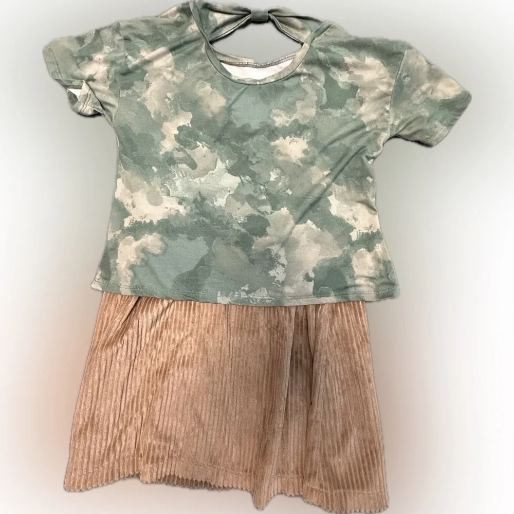 Green Camo Love T-Shirt and Tan Corduroy Skirt Set